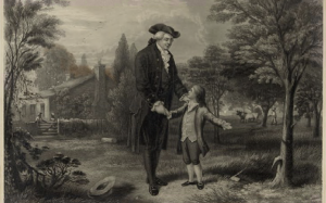 Rendition of a young George Washington and his father after chopping down a cherry tree on the family farm. 